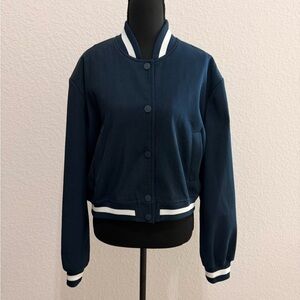 Navy blue & White Women’s Varsity Jacket Lined Pockets Casual Preppy Outerwear